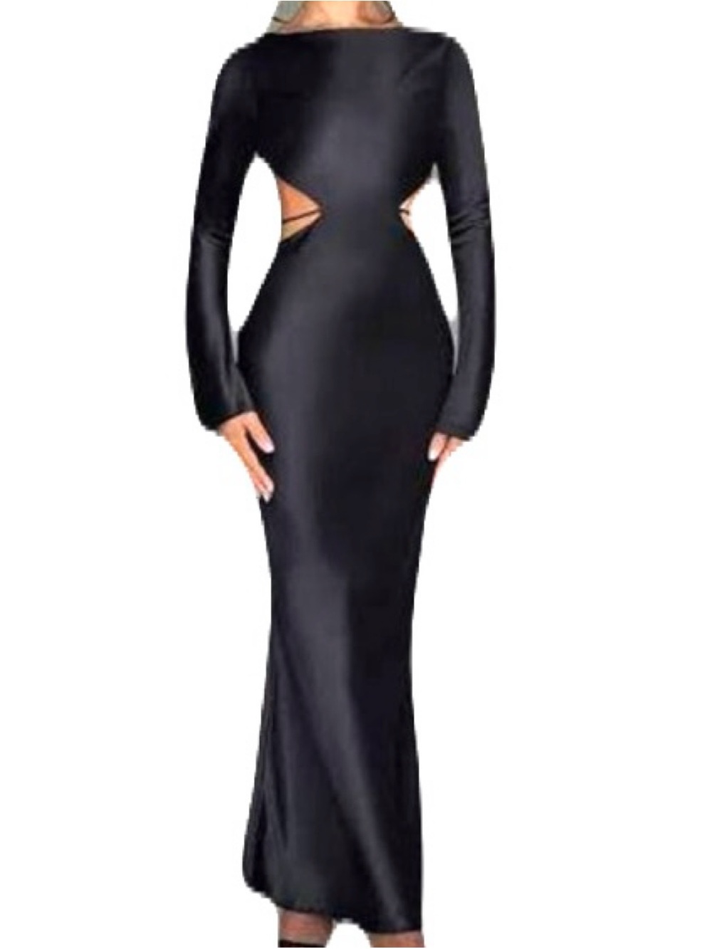 NEW Baby Boo Small Black Long-Sleeve Satin Maxi Dress Gown Cutouts HOCO Prom